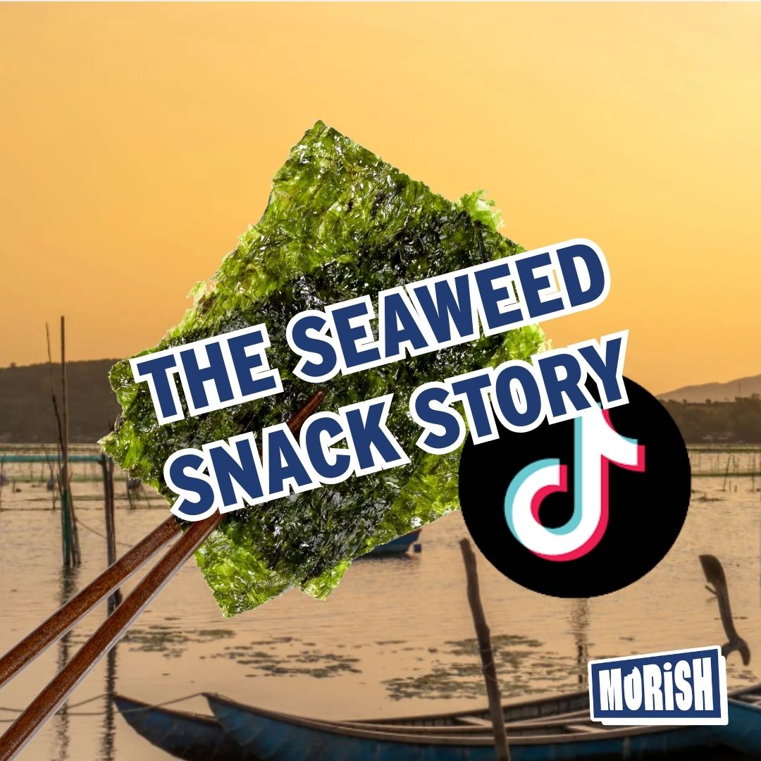 Seaweed snack and TikTok logo with lagoon background | Morish Snacks