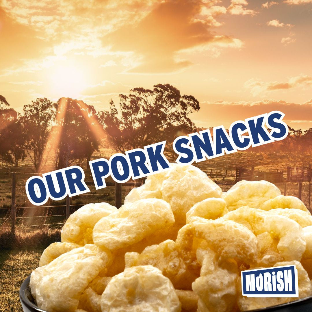Bowl with pork snacks in front of farm land | Morish Snacks