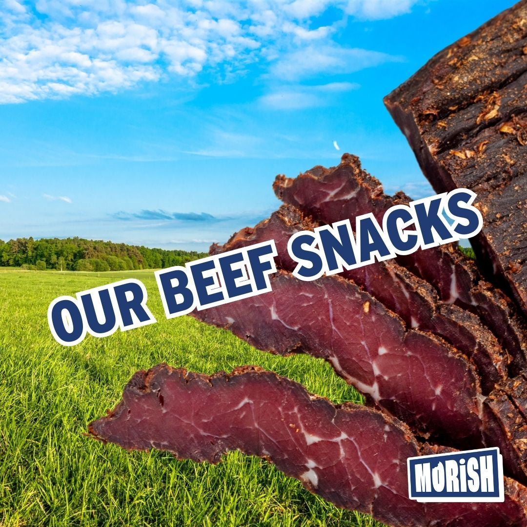 Succulent air-dried beef steak in front of meadow | Morish Snacks