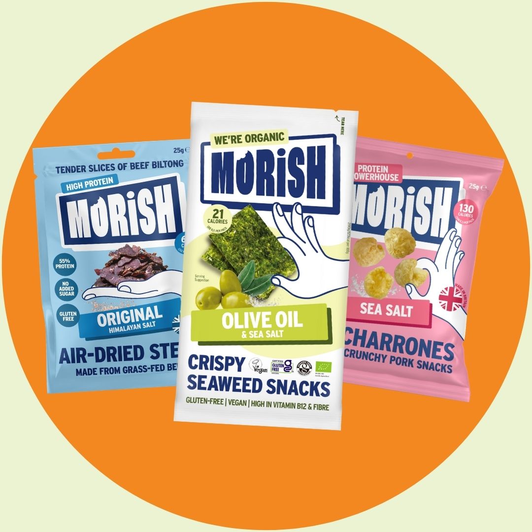 Palm oil free snack packs on orange background | Morish Snacks