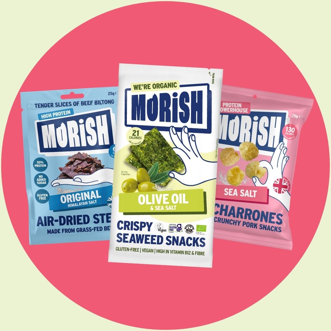 Gluten-free snack packs on red background | Morish Snacks
