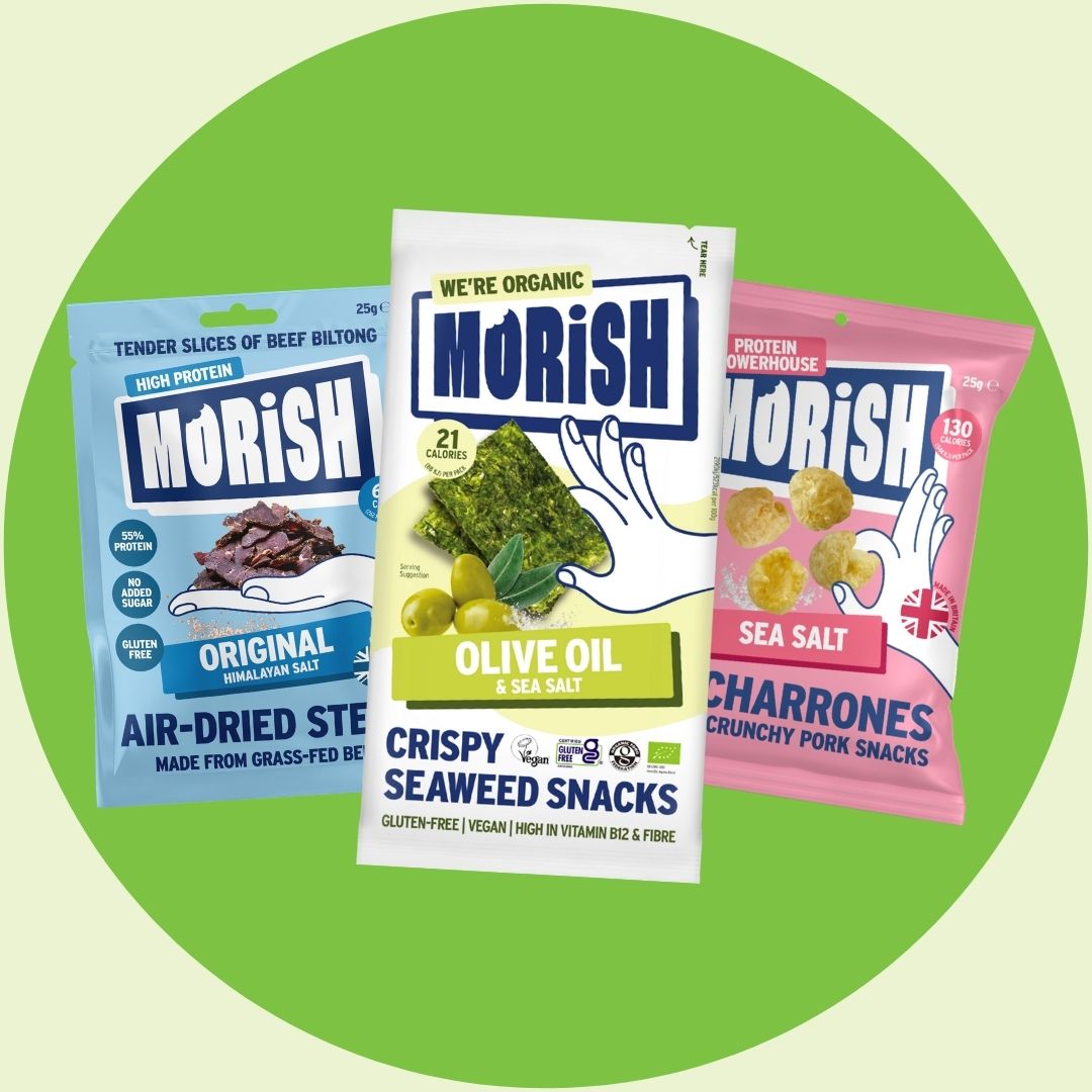 Snack packs with no nasties on green background | Morish Snacks
