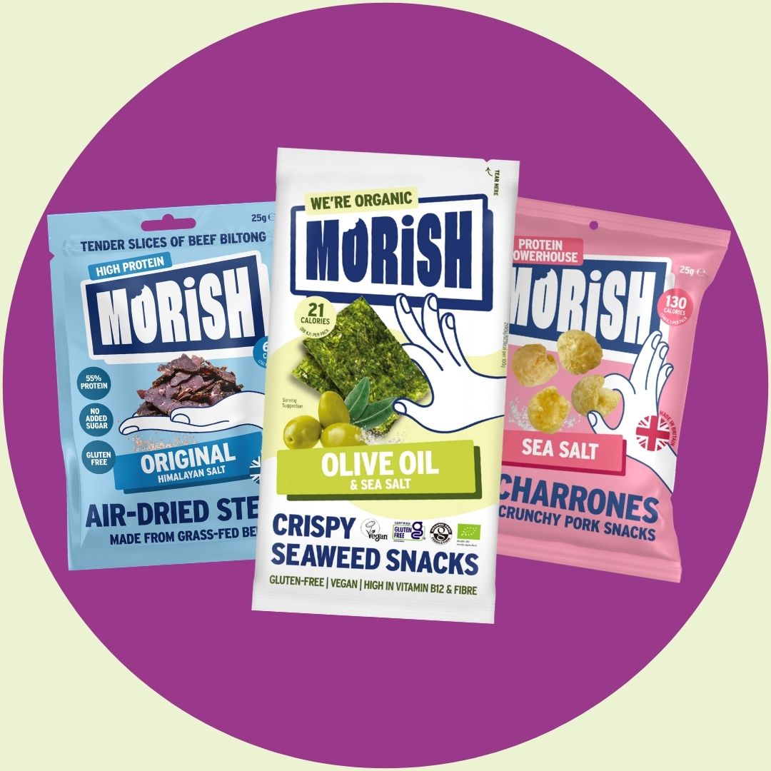 Non-GMO snack packs on purple background | Morish Snacks