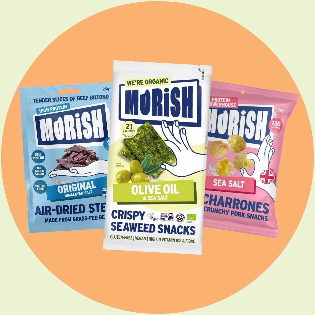 Allergen-free snack packs on orange background | Morish Snacks