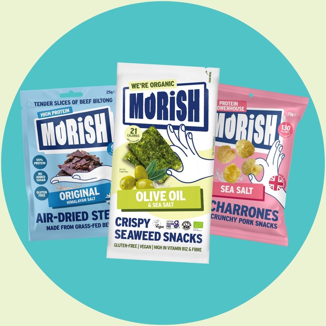 Paleo-friendly snack packs on blue background | Morish Snacks