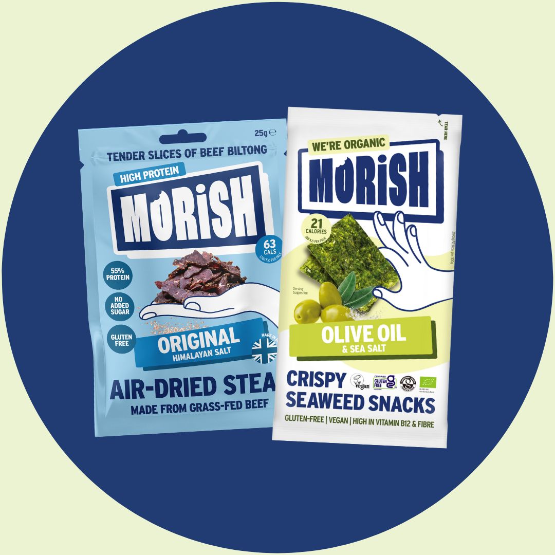 Snack packs with vitamin B12 on blue background | Morish Snacks