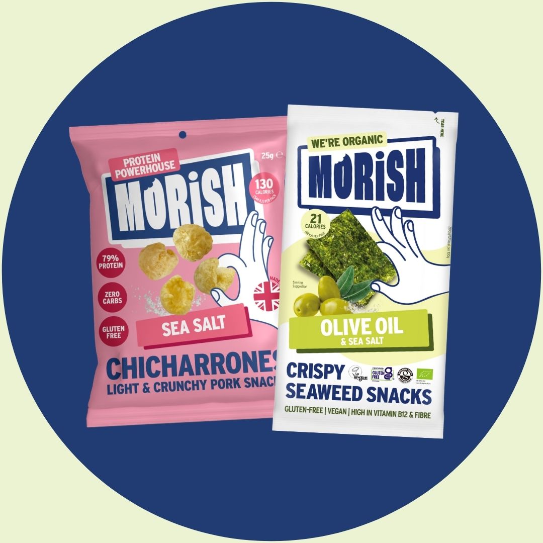 Sugar-free snack packs on blue background | Morish Snacks