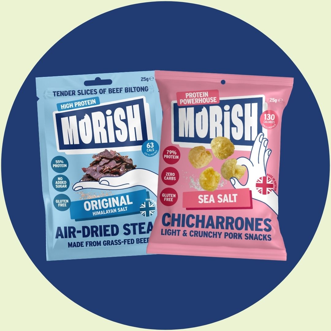 High protein snack packs on blue background | Morish Snacks