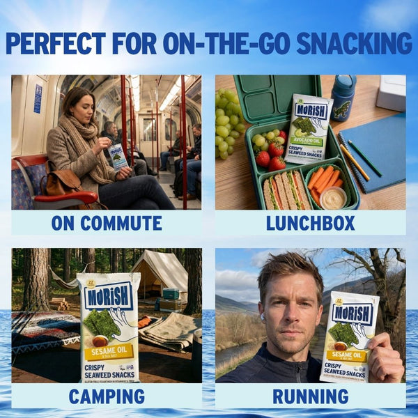 4 images with on-the-go organic sea salt seaweed snacks | Morish Snacks