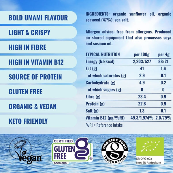 Attributes and nutritionals for organic sea salt seaweed | Morish Snacks