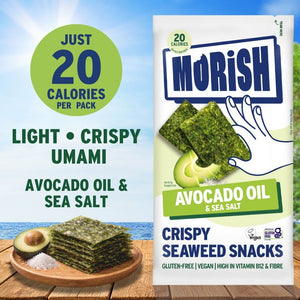 Plate and pack with crispy avocado oil seaweed in front of ocean | Morish Snacks