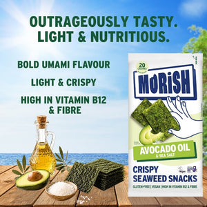 Oil, ingredients and pack with crispy avocado oil seaweed | Morish Snacks