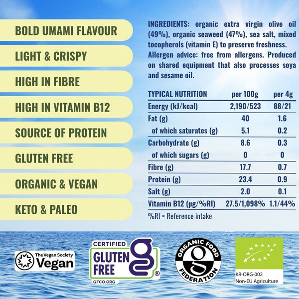 Attributes and nutritionals for organic olive oil seaweed | Morish Snacks