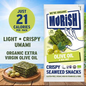 Plate and pack with organic olive oil seaweed in front of ocean | Morish Snacks