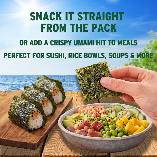 Sushi and poke bowl with crispy avocado oil seaweed | Morish Snacks