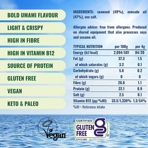 Attributes and nutritionals for crispy avocado oil seaweed | Morish Snacks