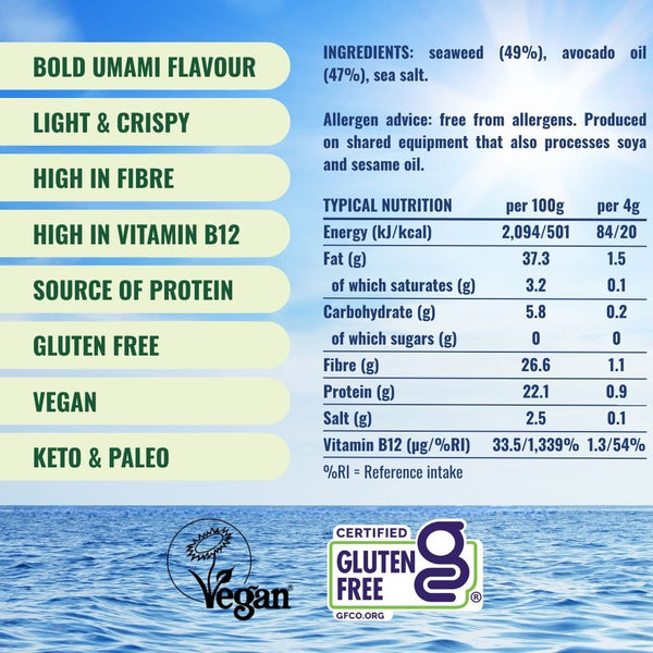 Attributes and nutritionals for crispy avocado oil seaweed | Morish Snacks