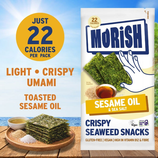 Plate and pack with crispy sesame oil seaweed in front of ocean | Morish Snacks