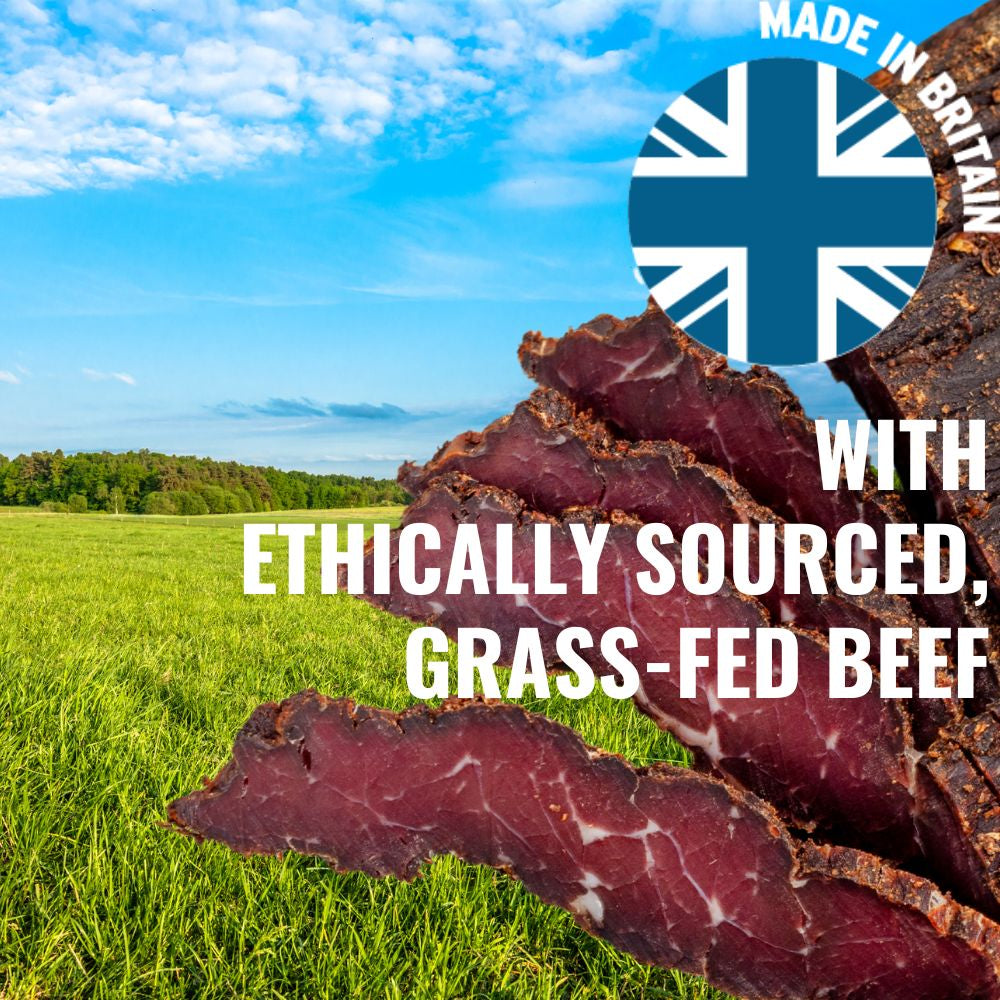 Succulent beef bites in front of British meadow | Morish Snacks