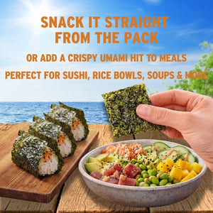 Sushi and poke bowl with crispy sesame oil seaweed | Morish Snacks