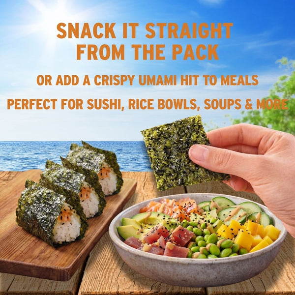 Sushi and poke bowl with crispy sesame oil seaweed | Morish Snacks