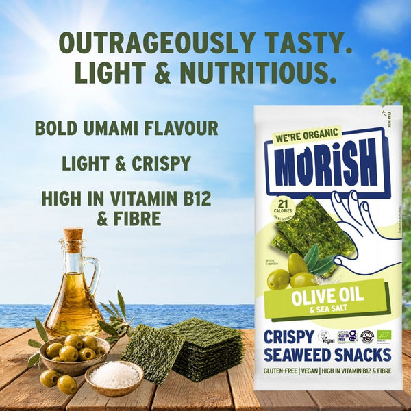 Oil, ingredients and pack with organic olive oil seaweed | Morish Snacks