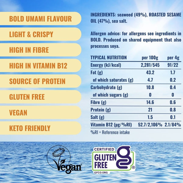 Attributes and nutritionals for crispy sesame oil seaweed | Morish Snacks