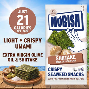 Plate and pack with crispy shiitake seaweed in front of ocean | Morish Snacks