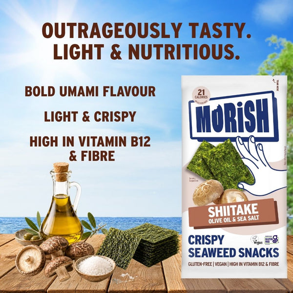 Oil, ingredients and pack with crispy shiitake seaweed | Morish Snacks