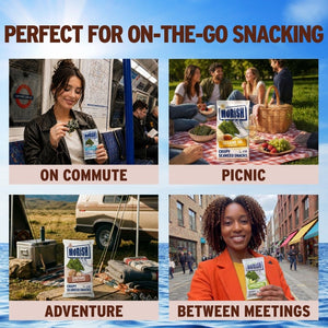 4 images with on-the-go crispy shiitake seaweed snacks | Morish Snacks
