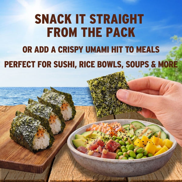 Sushi and poke bowl with crispy shiitake seaweed | Morish Snacks