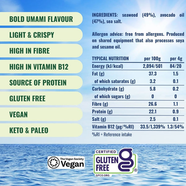 Attributes and nutritionals for crispy avocado oil seaweed | Morish Snacks