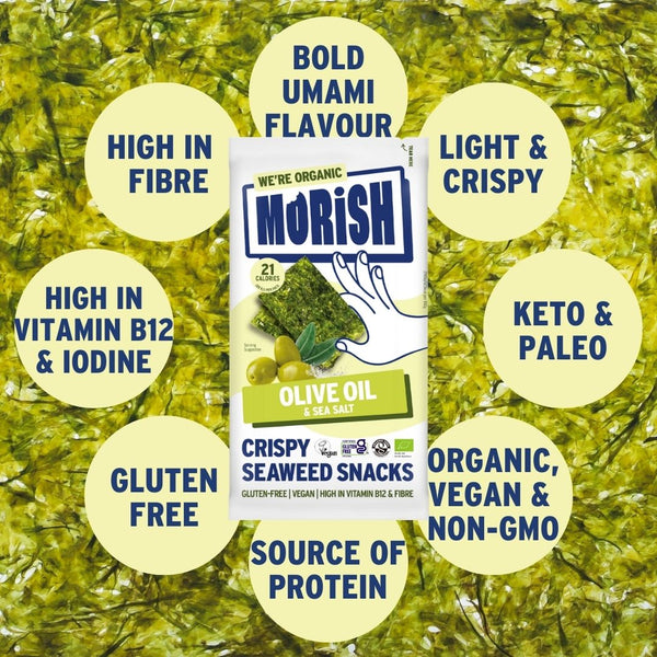 Pack of organic olive oil seaweed with product attributes | Morish Snacks