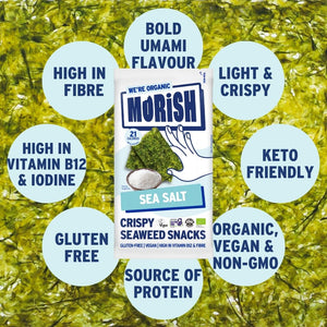 Pack of organic sea salt seaweed with product attributes | Morish Snacks