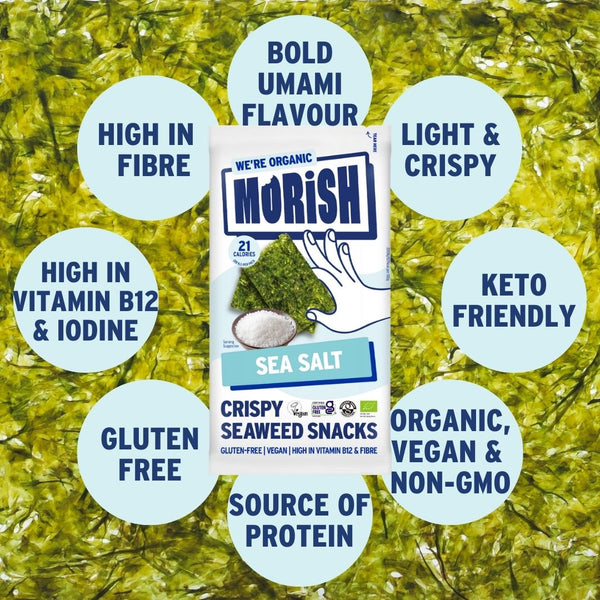 Pack of organic sea salt seaweed with product attributes | Morish Snacks