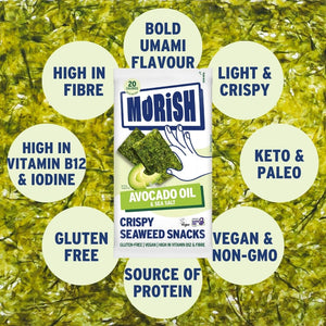 Pack of crispy avocado oil seaweed with product attributes | Morish Snacks