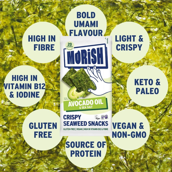 Pack of crispy avocado oil seaweed with product attributes | Morish Snacks