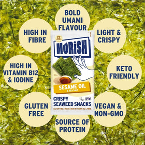 Pack of crispy sesame oil seaweed with product attributes | Morish Snacks