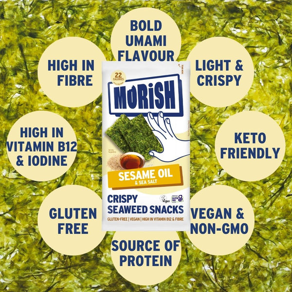 Pack of crispy sesame oil seaweed with product attributes | Morish Snacks