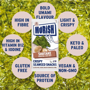 Pack of crispy shiitake seaweed with product attributes | Morish Snacks