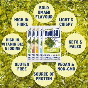 5 packs of different roasted seaweed flavours with product attributes | Morish Snacks