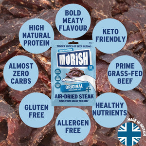 Pack of air-dried steak original with product attributes | Morish Snacks