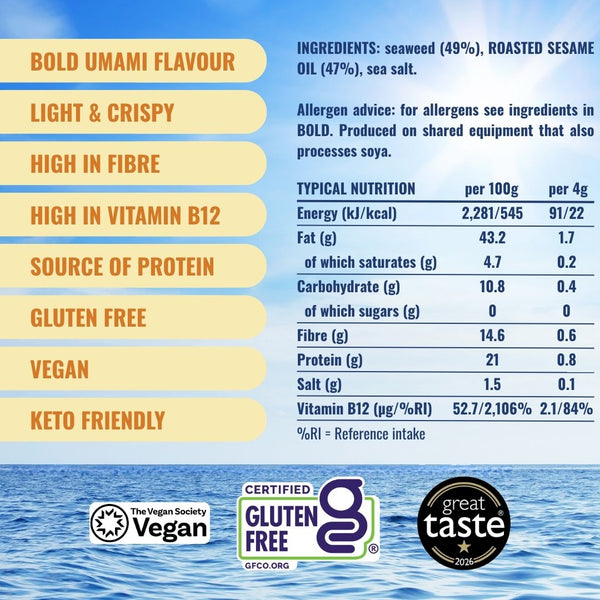 Attributes and nutritionals for crispy sesame oil seaweed | Morish Snacks