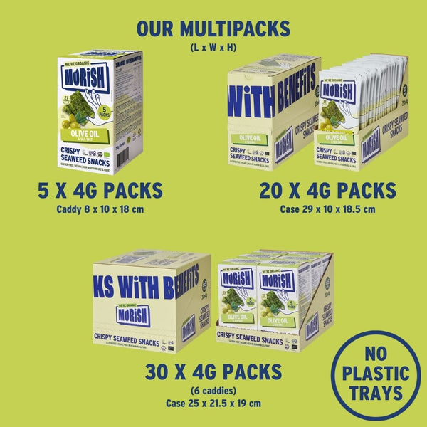 Packaging formats for organic olive oil seaweed | Morish Snacks