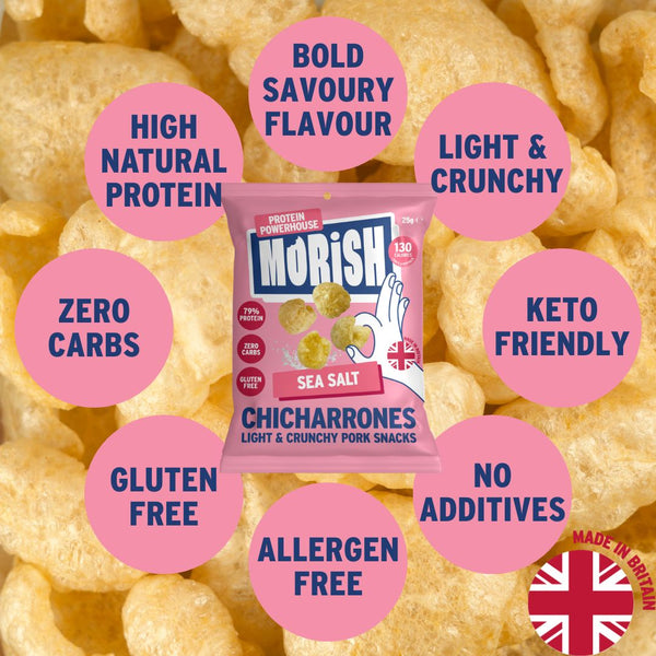 Pack of pork chicharrónes sea salt with product attributes | Morish Snacks