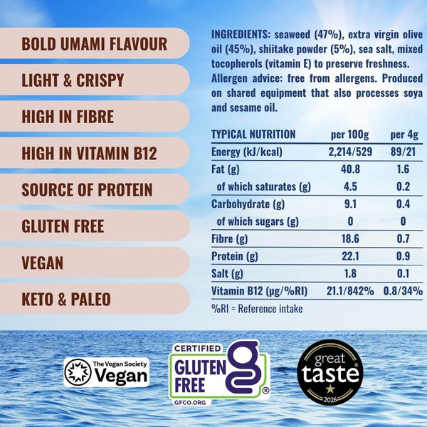 Attributes and nutritionals for crispy shiitake seaweed | Morish Snacks