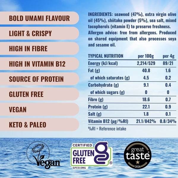 Attributes and nutritionals for crispy shiitake seaweed | Morish Snacks