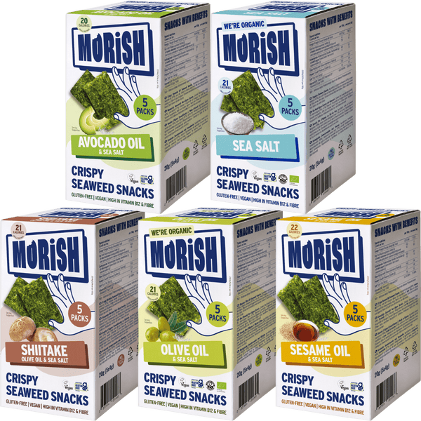 Cases with 5 different crispy seaweed snack flavours | Morish Snacks