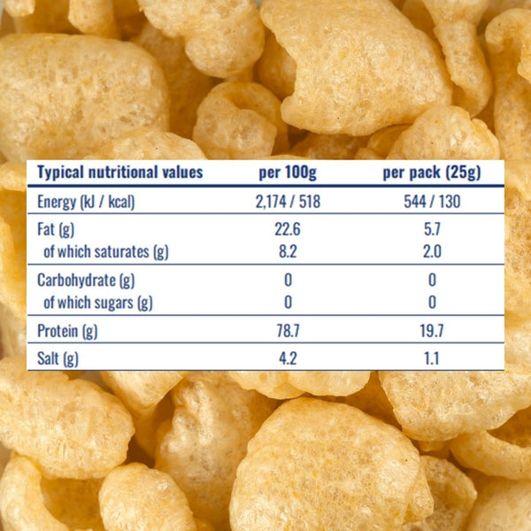 Nutritional table for pork chicharrónes sea salt | Morish Snacks