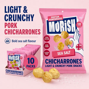 Product overview with pack of pork chicharrónes sea salt and multipack | Morish Snacks
